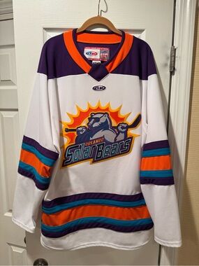 Orlando Solar Bears White Hockey Jersey with Purple, Orange & Teal Trim